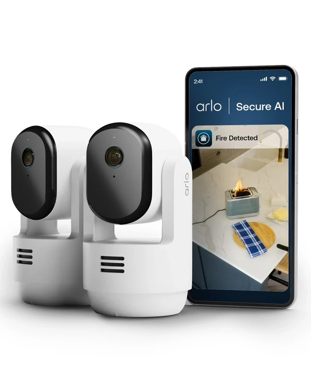 Arlo Essential 3 Pan-Tilt-Zoom Indoor Security Camera HD, Wired Home CCTV with Auto Privacy Lens Cover, 360 Degree, Night Vision, Pet Camera, 2 Way Audio & WiFi, Arlo Secure Trial Included, 2 Cameras