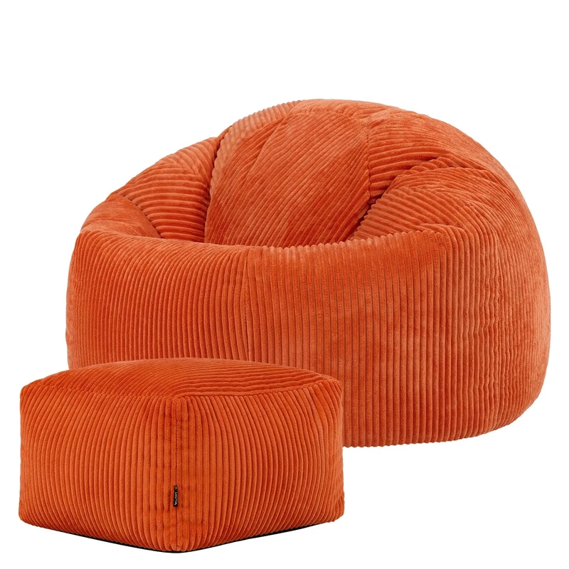 icon Kingston Cord Bean Bag with Footstool, Orange, Large Adult Bean Bag Chair with Filling Included, Comfy Chair, Pouffe Footstool, Living Room Furniture, Bedroom Furniture