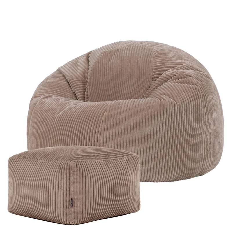 icon Kingston Cord Bean Bag with Footstool, Mocha Brown, Large Adult Bean Bag Chair with Filling Included, Comfy Chair, Pouffe Footstool, Living Room Furniture, Bedroom Furniture