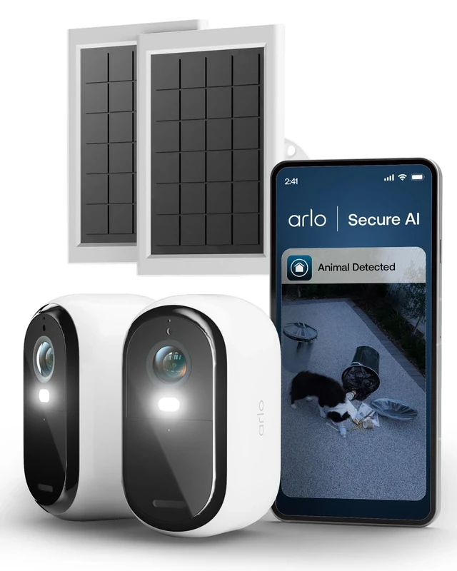Arlo Essential 3 HD Video Security Camera Outdoor Wireless & 2 Solar Panels, Battery Operated, Colour Night Vision, Light, Siren, 2 Way Audio & WiFi, Secure Free Trial, 2 Cameras, White