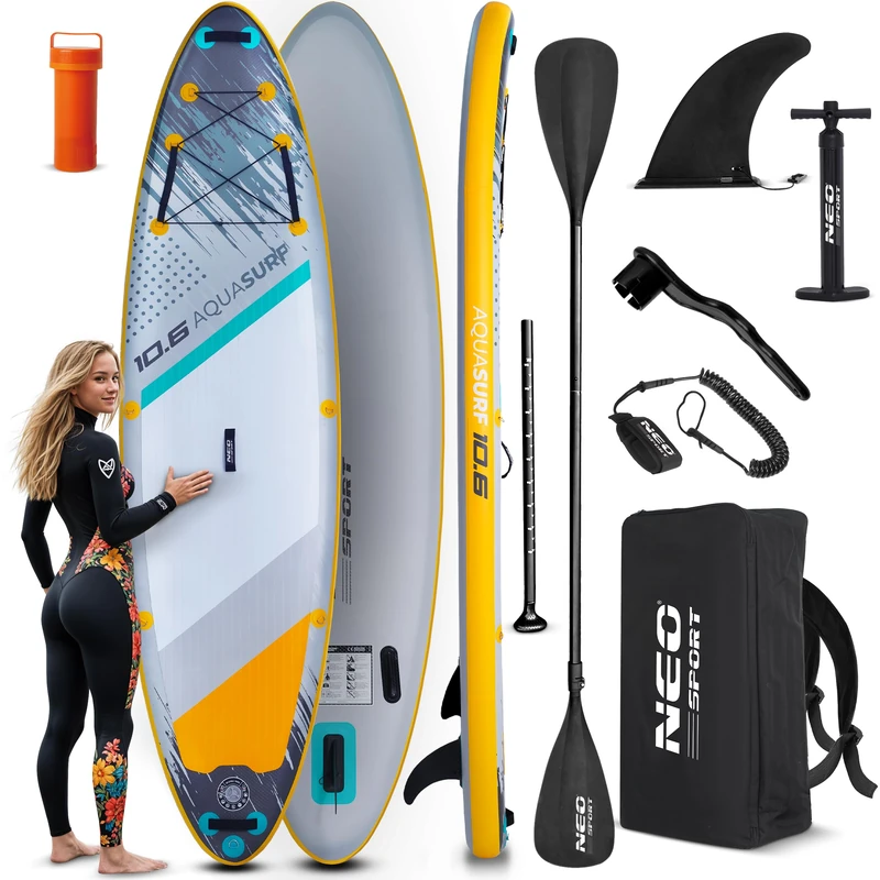 Neo-Sport Inflatable SUP Board - 320 cm - Set with Accessories - Manual Pump Paddle Leash Backpack - Aquasurf 10.6