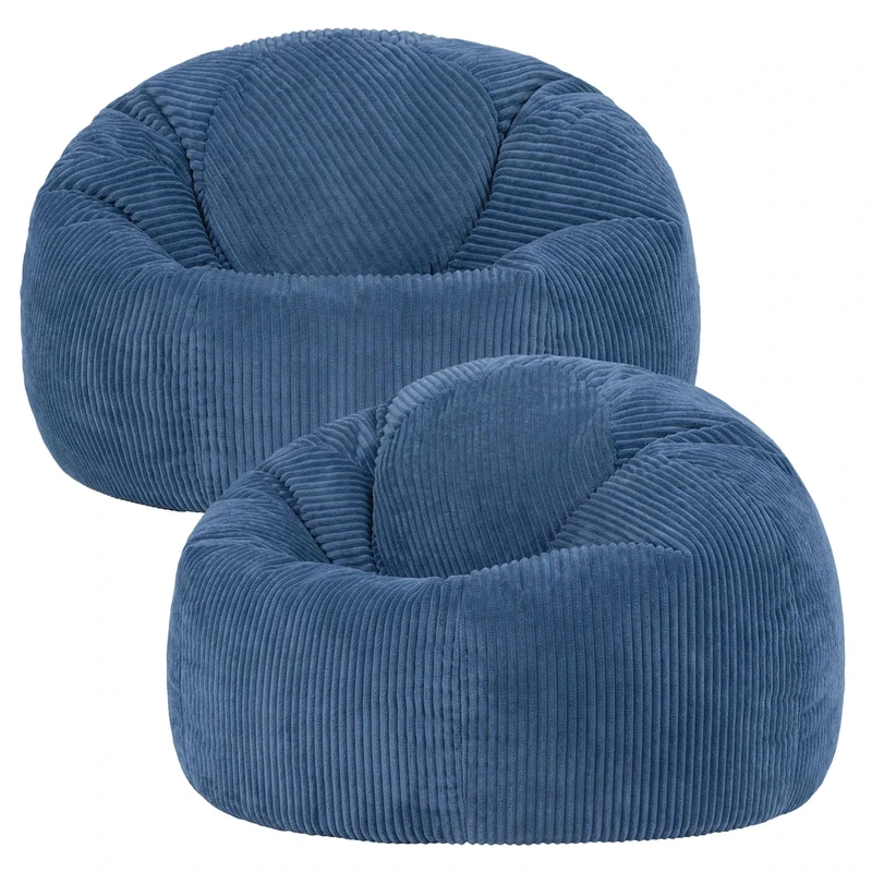 icon Kingston Cord Bean Bag, Denim Blue, Set of 2, Large Adult Bean Bag Chair with Filling Included, Comfy Chair, Pouffe Footstool, Living Room Furniture, Bedroom Furniture