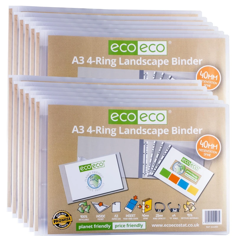 eco-eco A3 95% Recycled 4-D Landscape Clear Presentation Ring Binder File Folder, 40mm Spine, Artwork Portfolio, Pack of 12 Folders, eco203x12