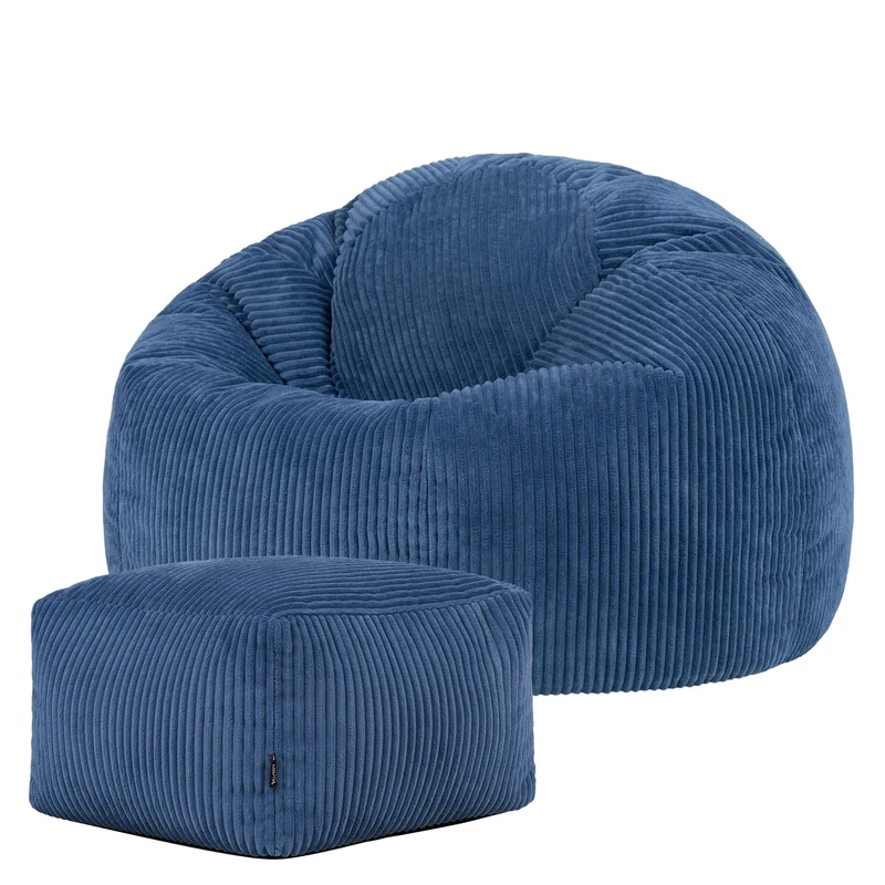 icon Kingston Cord Bean Bag with Footstool, Denim Blue, Large Adult Bean Bag Chair with Filling Included, Comfy Chair, Pouffe Footstool, Living Room Furniture, Bedroom Furniture