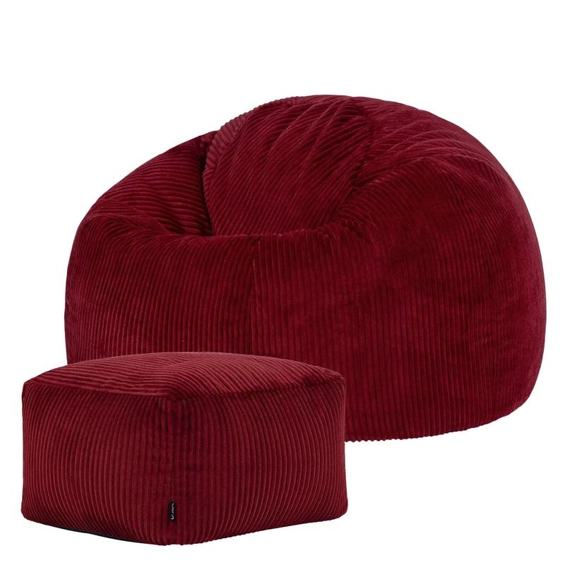 icon Kingston Cord Bean Bag with Footstool, Burgundy, Large Adult Bean Bag Chair with Filling Included, Comfy Chair, Pouffe Footstool, Living Room Furniture, Bedroom Furniture