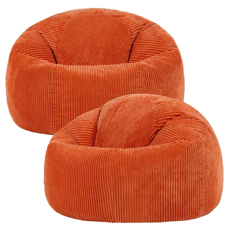 icon Kingston Cord Bean Bag, Orange, Set of 2, Large Adult Bean Bag Chair with Filling Included, Comfy Chair, Pouffe Footstool, Living Room Furniture, Bedroom Furniture