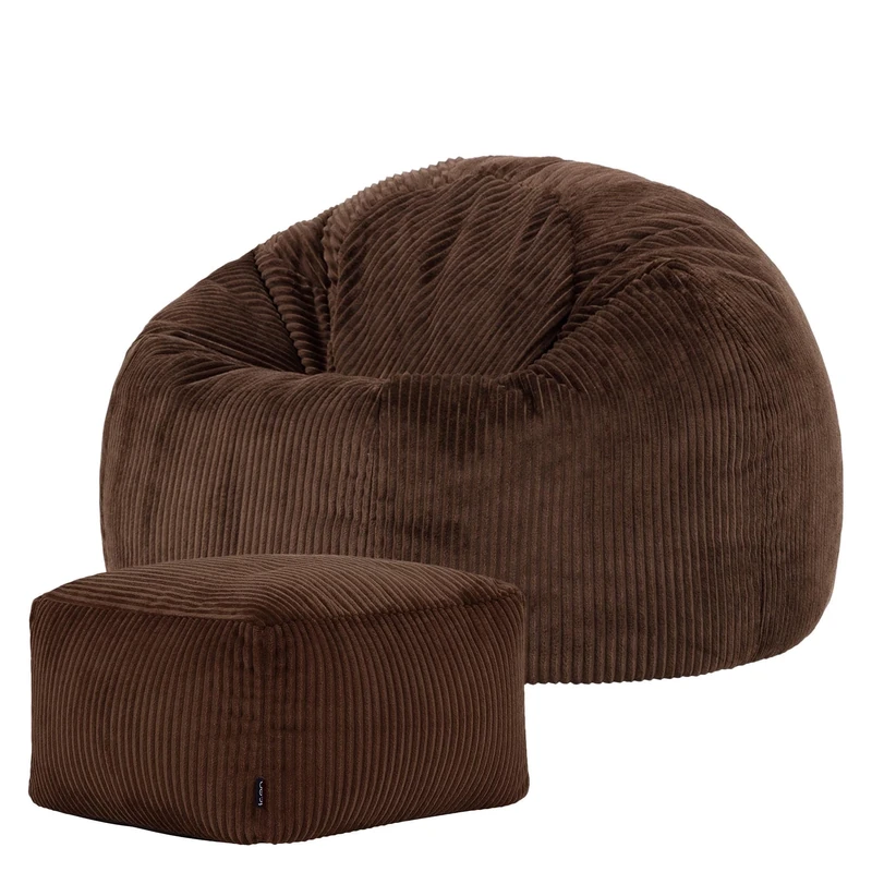 icon Kingston Cord Bean Bag with Footstool, Brown, Large Adult Bean Bag Chair with Filling Included, Comfy Chair, Pouffe Footstool, Living Room Furniture, Bedroom Furniture