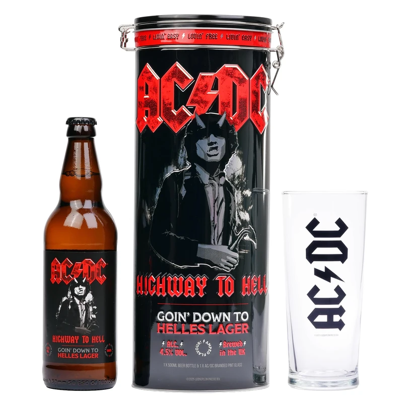 AC/DC Highway to Hell Goin’ Down to Helles Lager 500ml – 4.5% ABV and AC/DC Branded Logo in a Collectable Tin
