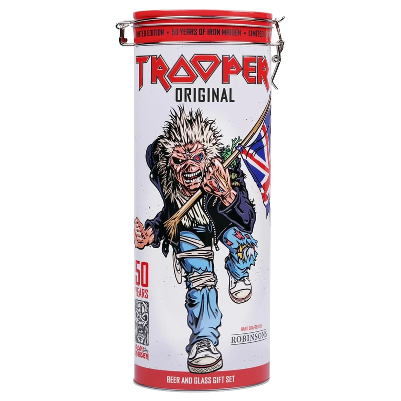 Iron Maiden Trooper 50th Anniversary Ale 500ml (4.7% ABV) and Iron Maiden 50th Anniversary Glass in a Collectable Tin. By Blue Tree Gifts.