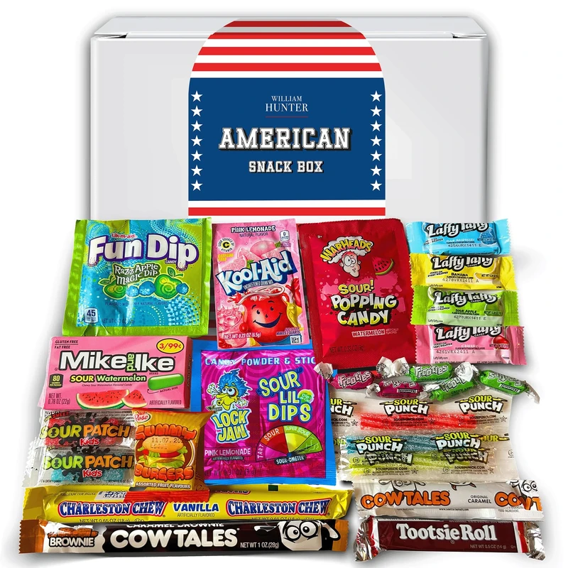 William Hunter American Sweets Gift Box - Letterbox Size Wide Selection Sweet Hamper, Great Value American Sweet Hamper for Children or Adults, Mystery Box of Iconic American Candy