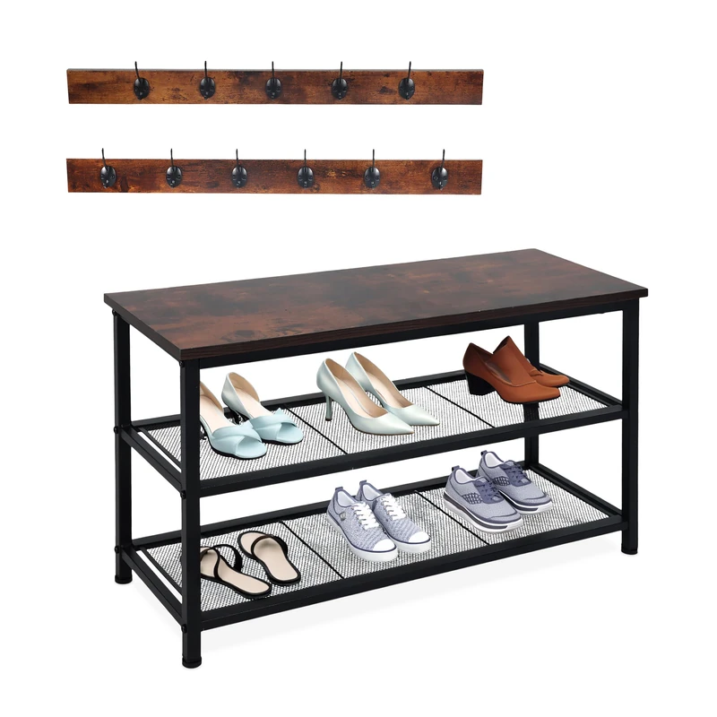Relaxdays shoe rack with coat rack, shoe storage for 6 pairs, HWD: 45x80x30 cm, hooks, industrial style, black/brown