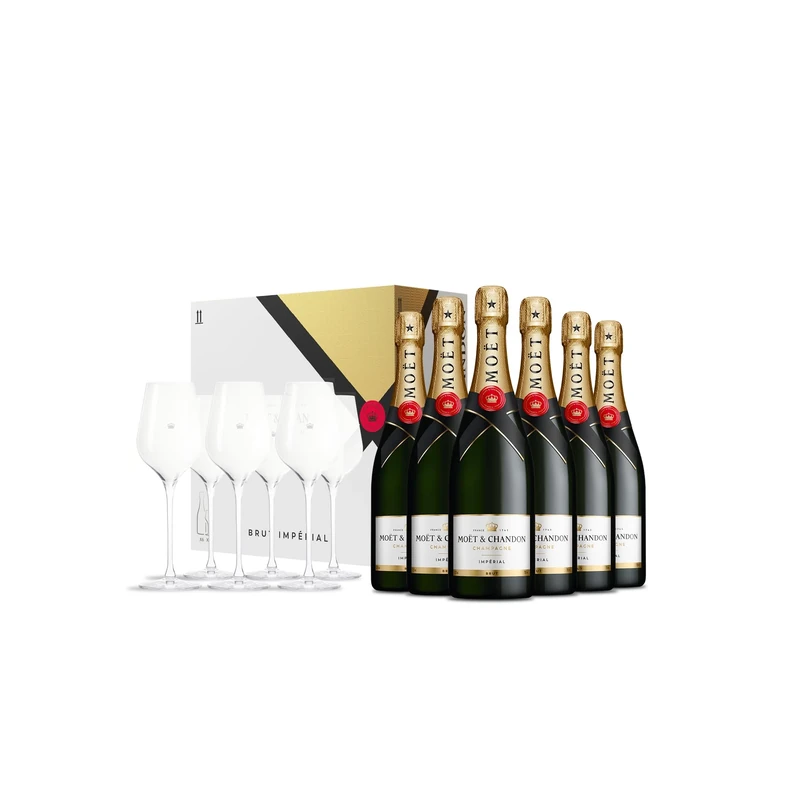 Moët & Chandon Impérial Brut Champagne 6x75cl, Signature Lehmann Flutes 6x25cl Gift Set