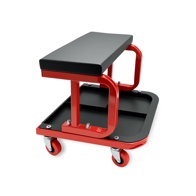 Relaxdays workshop stool with storage, up to 100 kg, cushioned seat, 4 wheels, rolling seat, black and red