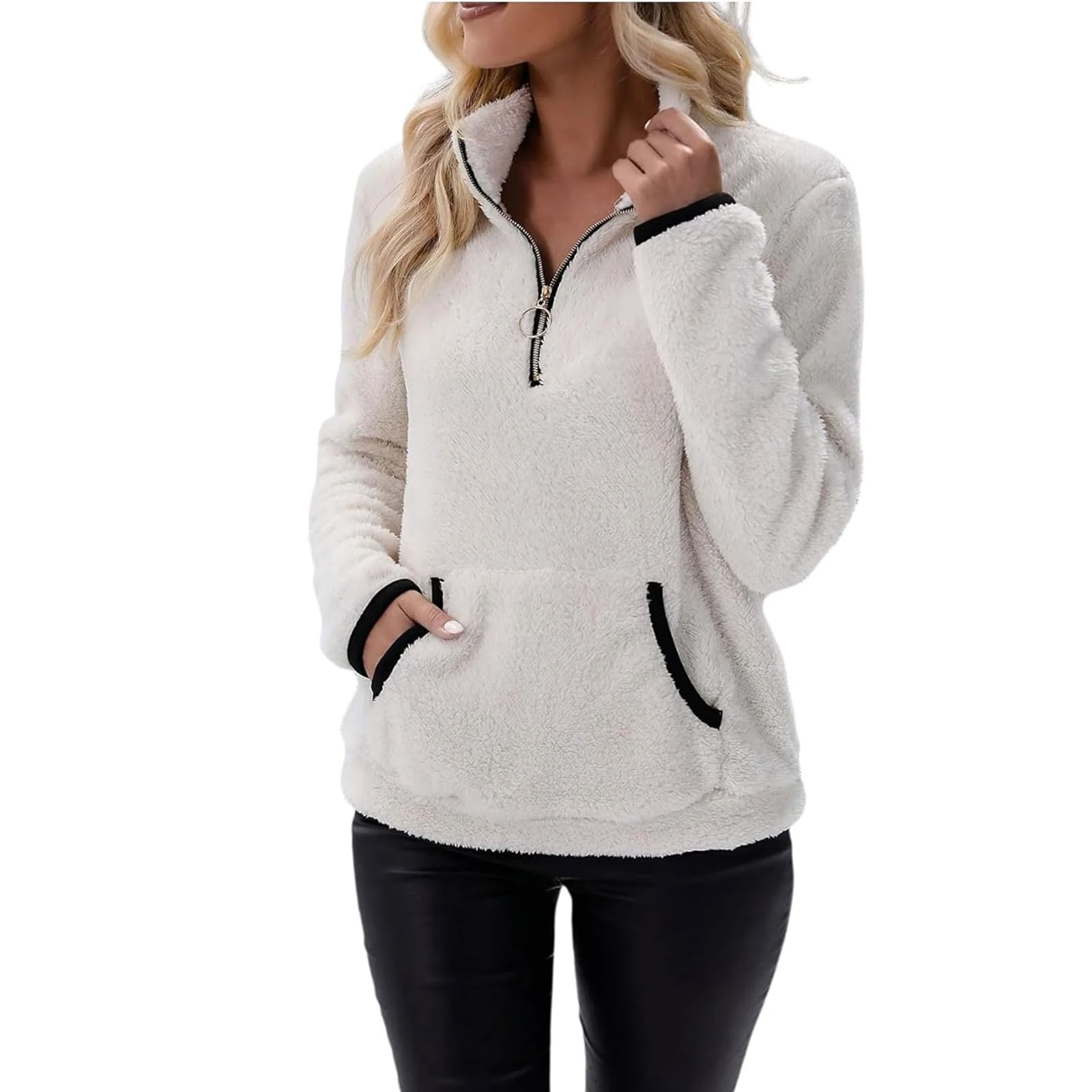 KUIH Womens Fleece Sweatshirts 1/4 Zip Fluffy Pullover Tops Warm Sherpa Fleece Jumper Lapel Half Zip Jumper Long Sleeve Tunics Autumn Winter Clothes Ladies Fuzzy Sweaters Coat Tops with Pockets