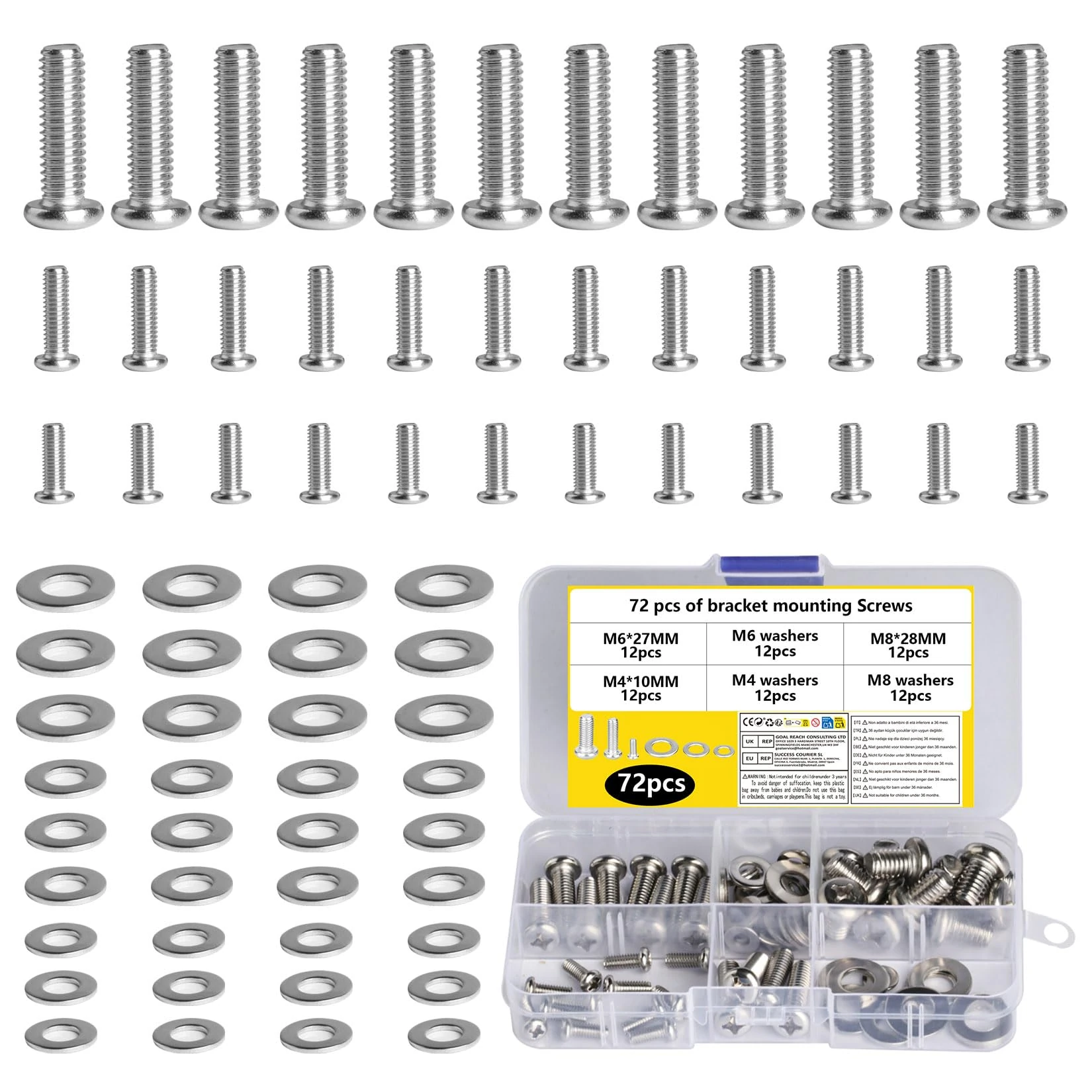 72 Pcs TV Bracket Screws for Back of TVs, M4 M5 M6 Vesa Screws, Stainless Steel Universal TV Mounting Hardware Kit with Washers for TVs Monitor Wall Mounts Bracket Fixings Kit