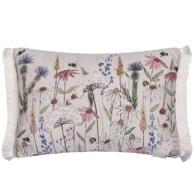 Voyage Maison Hermione Feather Filled Cushion – Fringed Nature Inspired Bee Floral Watercolour British Design (Linen - 40x60cm)