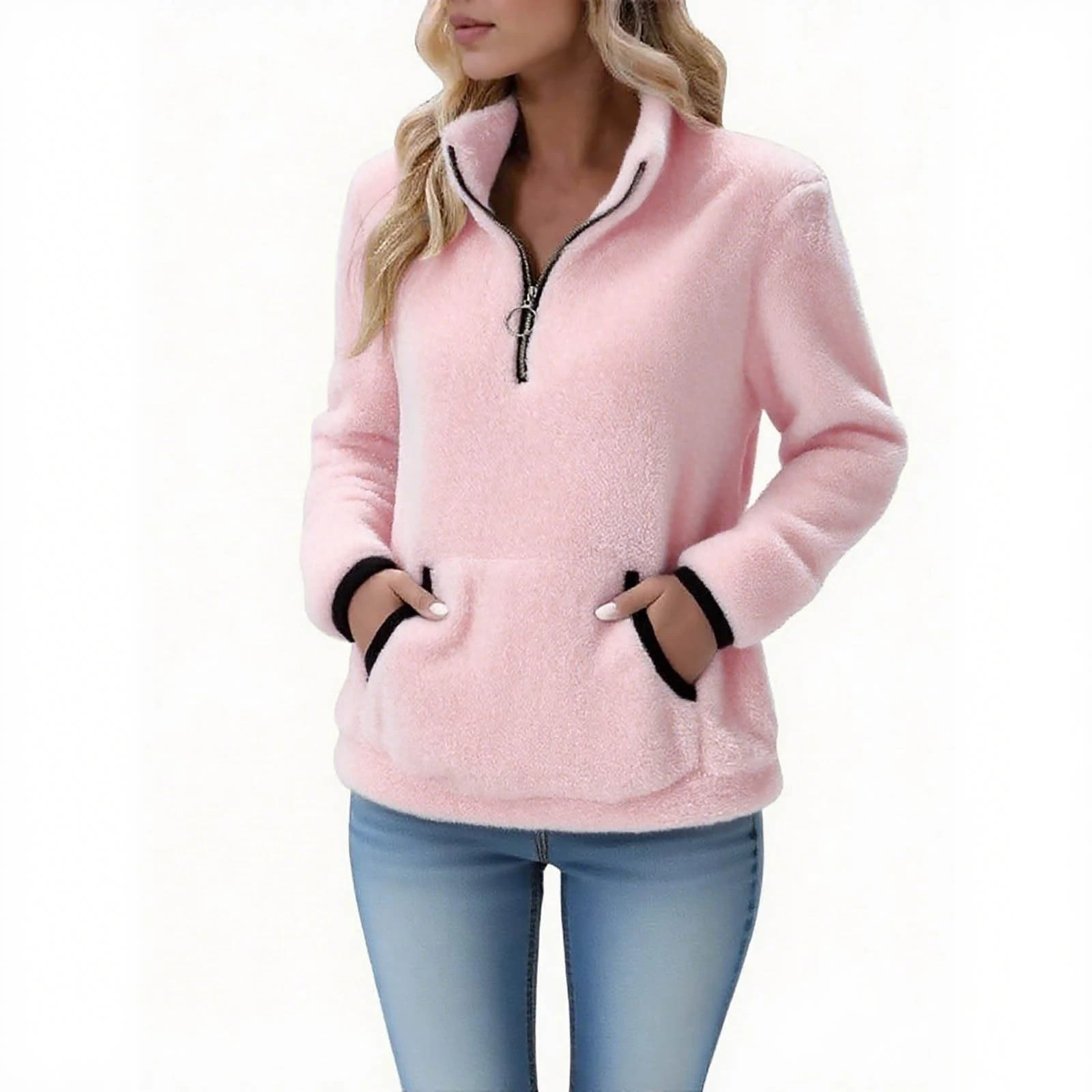 KUIH Womens Fleece Sweatshirts 1/4 Zip Fluffy Pullover Tops Warm Sherpa Fleece Jumper Lapel Half Zip Jumper Long Sleeve Tunics Autumn Winter Clothes Ladies Fuzzy Sweaters Coat Tops with Pockets