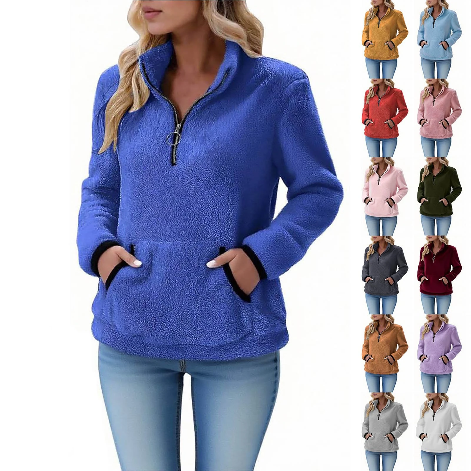 KUIH Womens Fleece Sweatshirts 1/4 Zip Fluffy Pullover Tops Warm Sherpa Fleece Jumper Lapel Half Zip Jumper Long Sleeve Tunics Autumn Winter Clothes Ladies Fuzzy Sweaters Coat Tops with Pockets