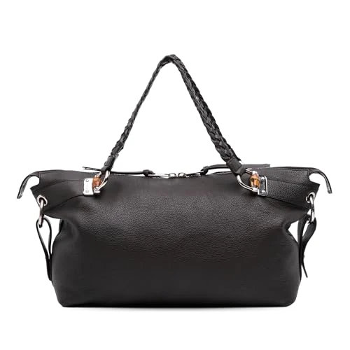 Gucci Pre-Loved Large Pebbled Calfskin Bamboo Bar Tote Bag