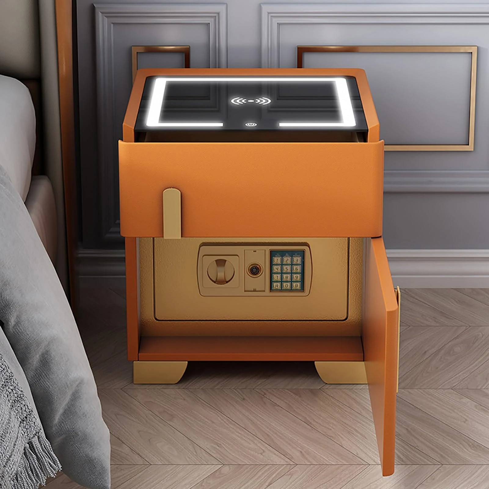Smart Nightstand with Drawer and Safe, LED Bedside Tables Charging Station Night Stand Modern Table for Bedroom, Office(Orange,50cm/20in)