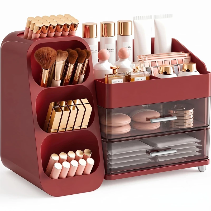 Booklov Large Makeup Organizer for Vanity Countertop, Red