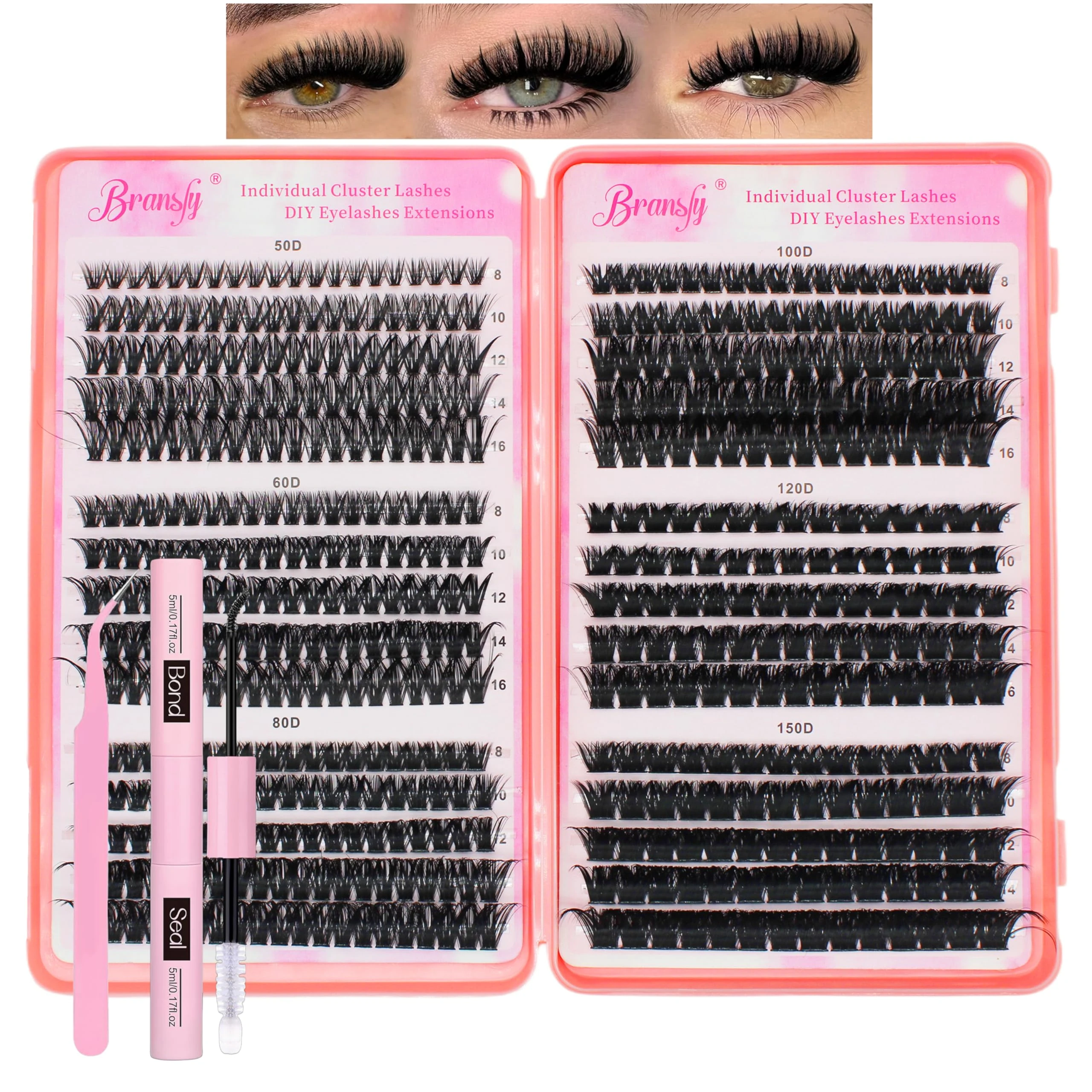 Bransfy Lash Clusters Kit 50D 60D 80D 100D 120D 150D Eyelashes Clusters Kit 8-16mm Individual Lash Extension Kit D Curl Fluffy False Eyelashes with Tweezer Bond and Seal DIY at Home (Kit 50D-150D)