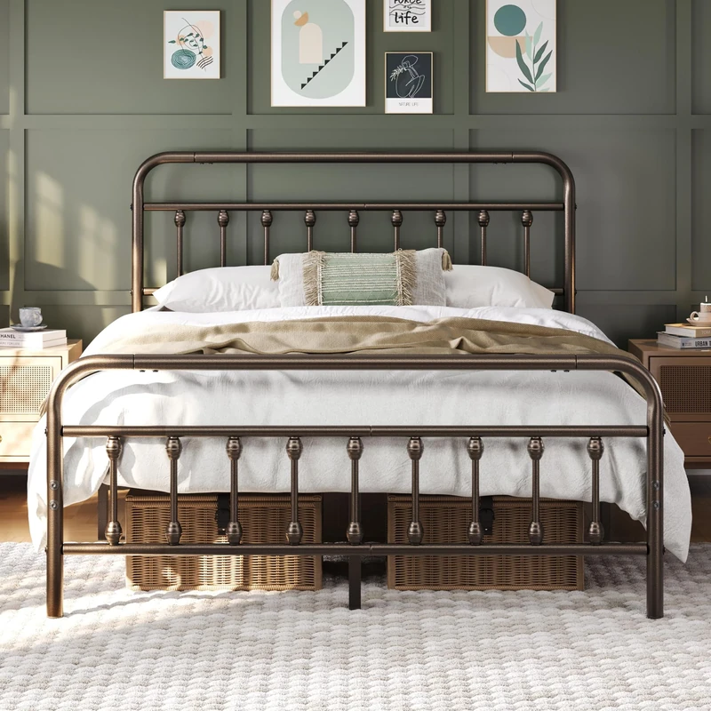 Yaheetech 5ft King Bed Frame Vintage Iron Platform Bed with High Headboard and Footboard, Strong Metal-Framed Bed with Storage Bronze