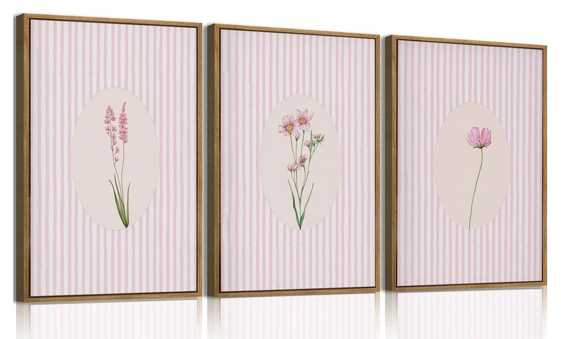 KISSFOX 3 Piece Botanical Framed Wall Art Pink Flower Pictures Wall Decor Neutral Wildflower Canvas Art Prints Striped Minimalist Farmhouse Floral Paintings Artwork for Girly Apartment Dorm Bedroom