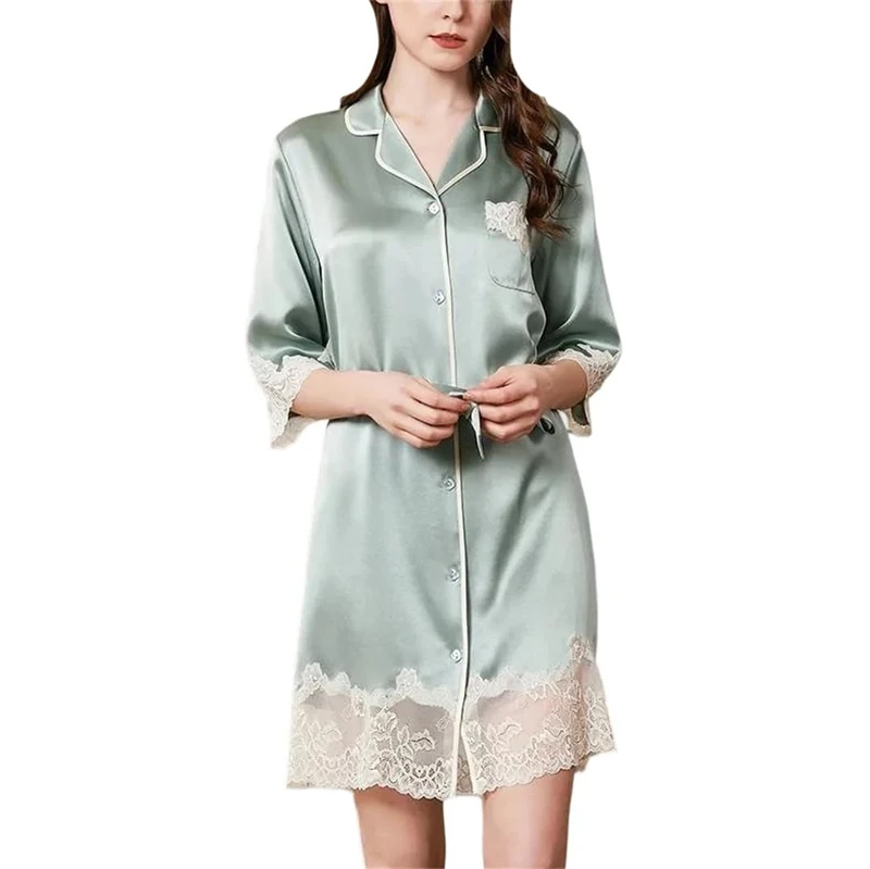 Women Silk Pajamas Lace Long Soft Lapel Lady Nightwear