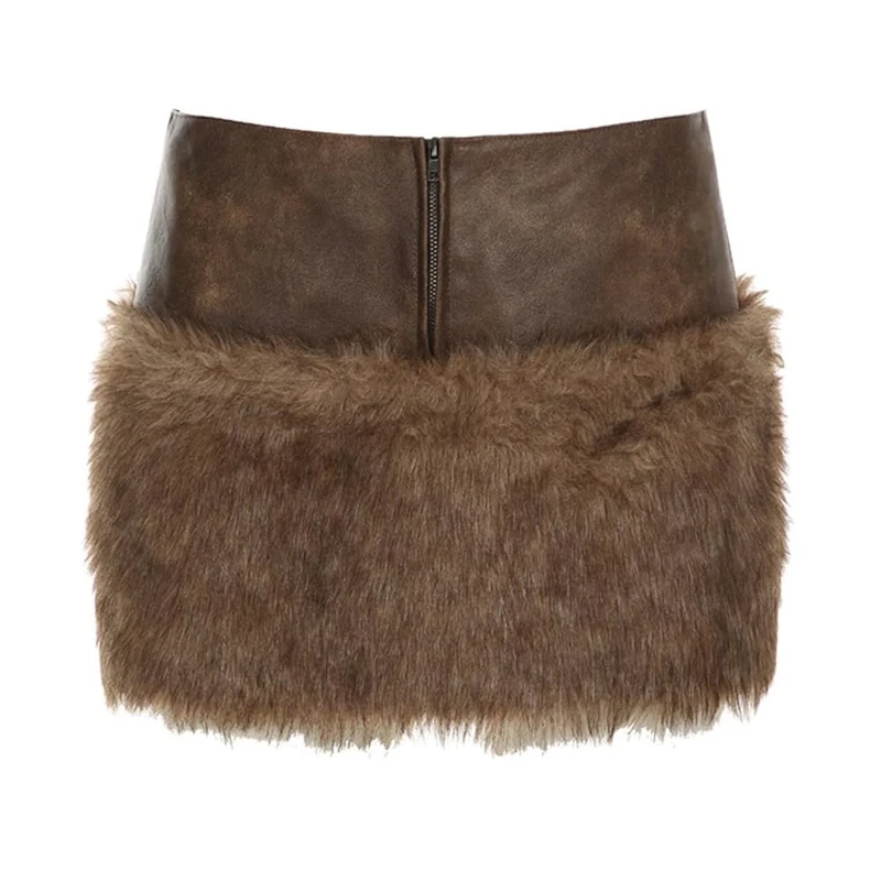 KWISUAWHGA Women's Faux Fur Mini Skirt Y2k Bodycon Sexy Low Waisted Furry Skirts Splicing PU Leather Zipper Closure,Brown,S - Image 1