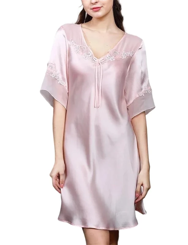 Lady Silk Pajamas Sexy Lace Short Sleeves Nightwear