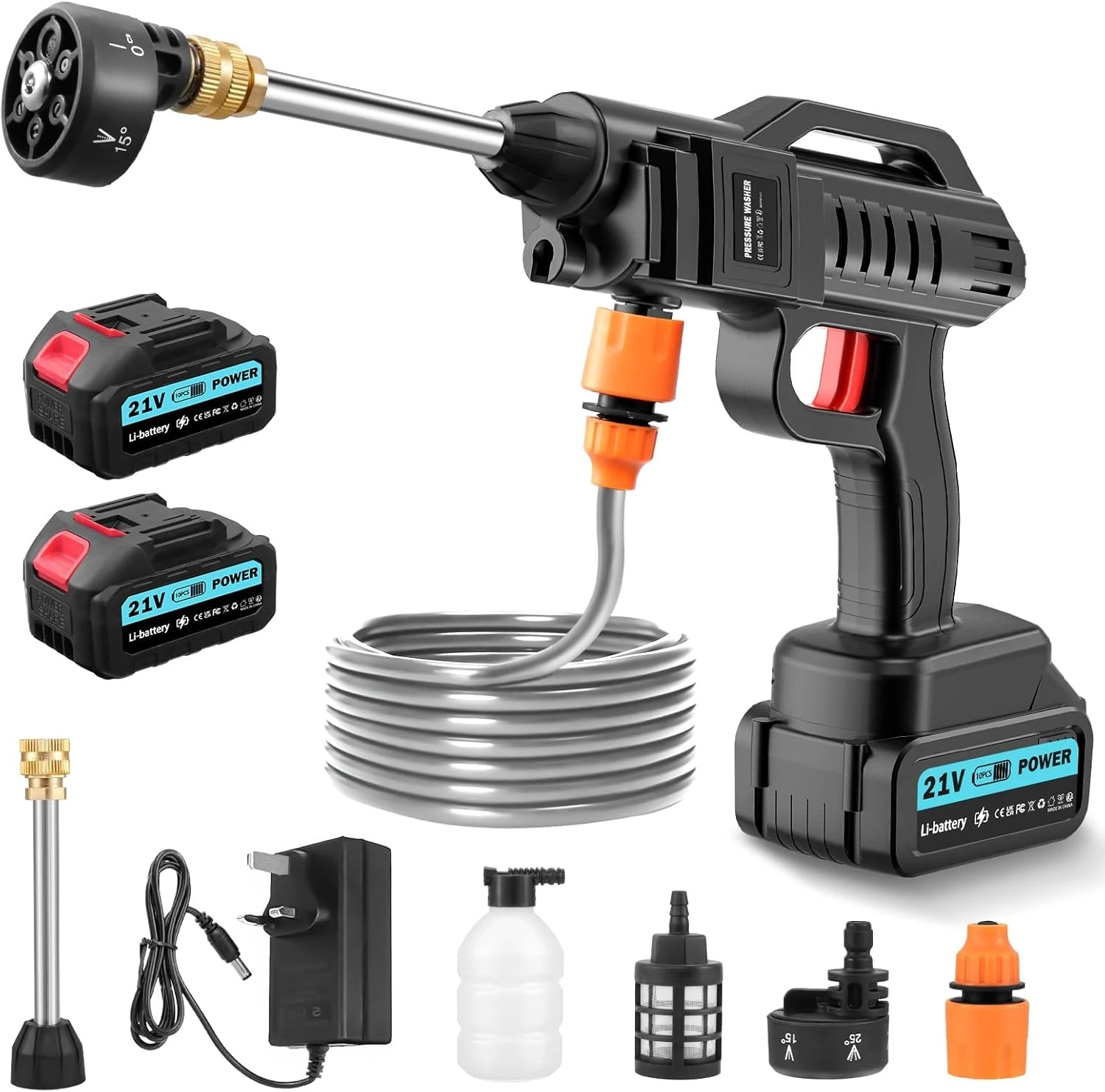 21V Portable Jet Washer Cordless, 6-in-1 Adjustable Nozzle, Battery-Powered Power Washer with 62 Bar High Pressure, 5M/16.5FT Hose & Dual Batteries, for Patios, Cars & Outdoor Cleaning