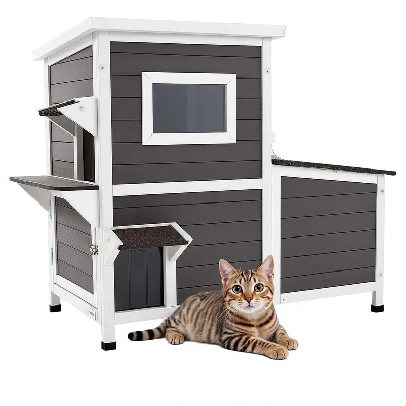 VEVOR Outdoor Cat House, 2-Story Wooden Cat Shelter for 3 Outside Cats in Winter, Elevated Feral Kitty Shelter with Stairs, Clear Window & Flap Doors, Waterproof Cats Condos for Garden 42 × 25 × 34 in