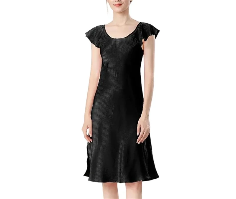 Women Silk Sleeping Dress Nightwear Summer Short Sleeve Sexy Thin Pajamas Black
