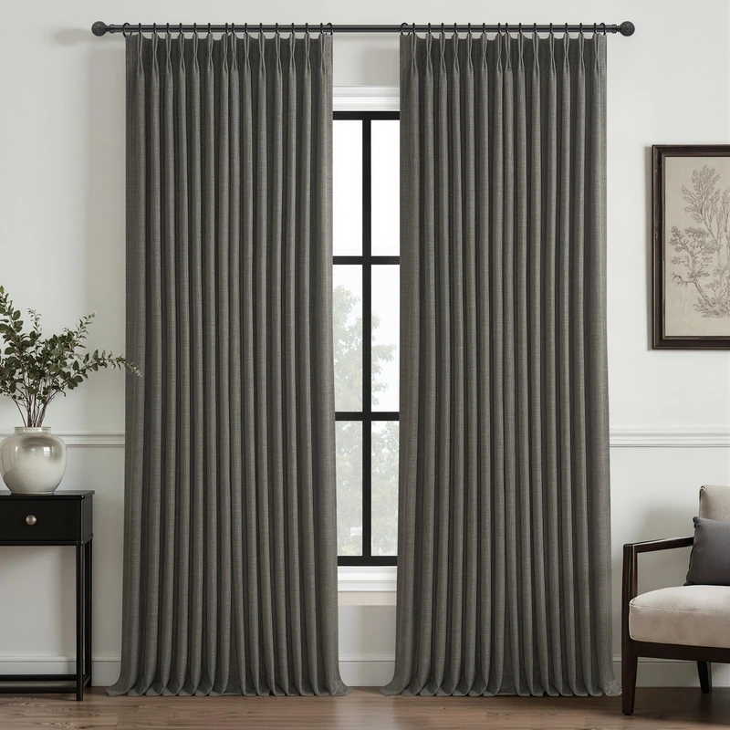 Dark Grey Double Layer Thick Linen Floor Length Curtains 102 Inches Long for Bedroom, Blackout Memory Trained Pinch Pleated Soundproof Insulated Textured Windows Drapes for Office Burg 2 Panels Set