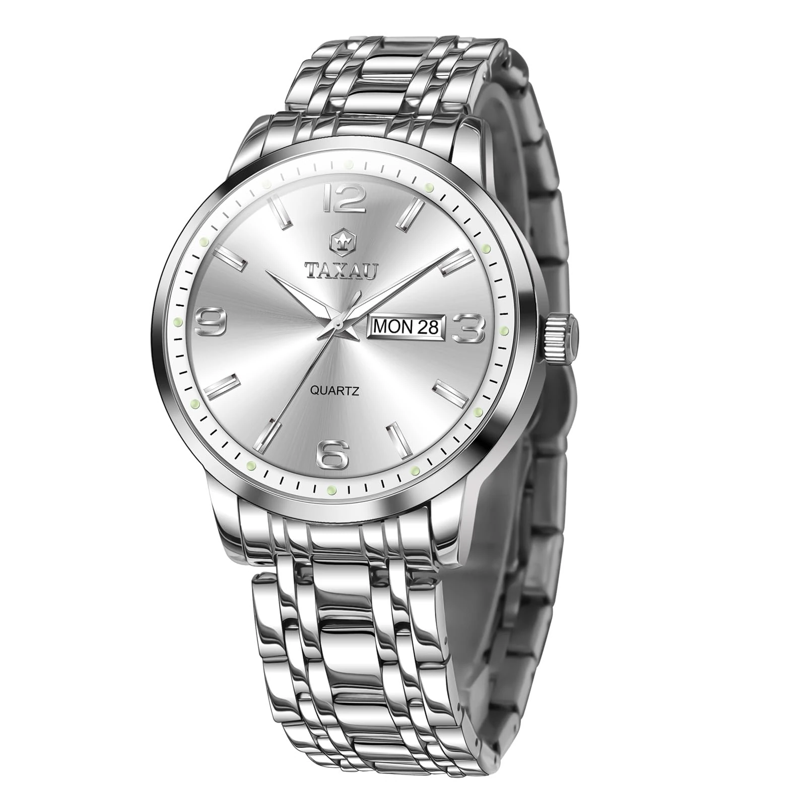 Taxau Mens Watches Stainless Steel Men's Watch Silver Wristband Watch with Bright Date Calendar Dial Men's Watches for Gift
