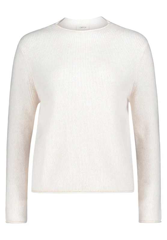 Cartoon Women's Knitted Jumper with Stand-Up Collar, Beige, 16