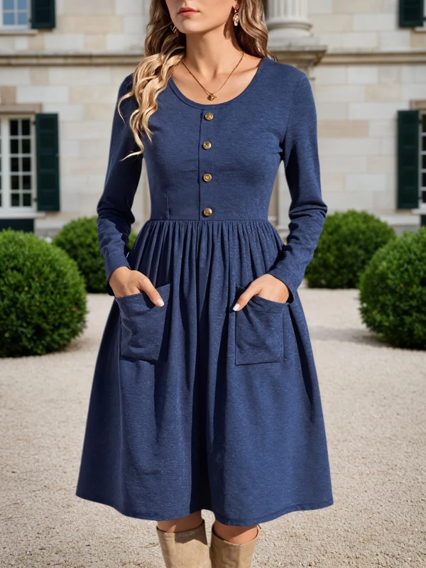 Women's Long Sleeve Casual Dress Round Neck Button Front Pleated Loose with Pockets, Navy Blue, Medium