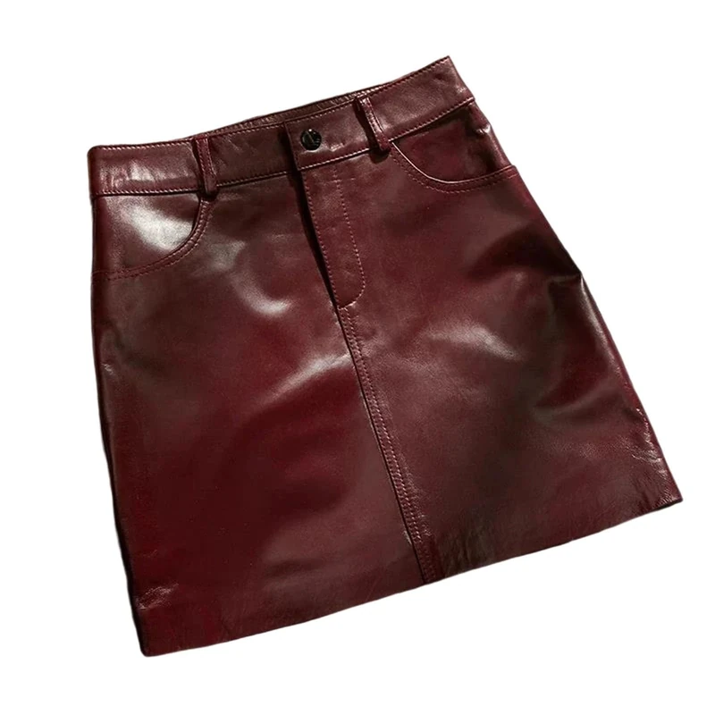 Women's Genuine Leather Skirt High Waist Slim Fit Mini Skirt Sexy Elegant Club Outfit Red - Image 1