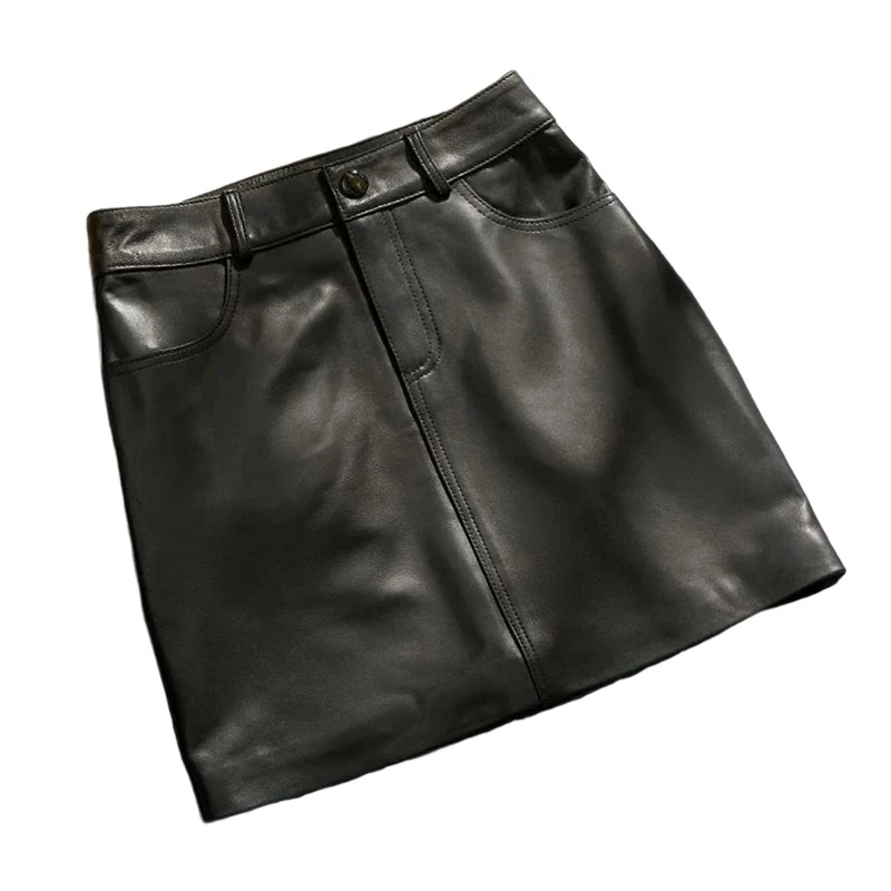 Women's Genuine Leather Skirt High Waist Slim Fit Mini Skirt Sexy Elegant Club Outfit Black