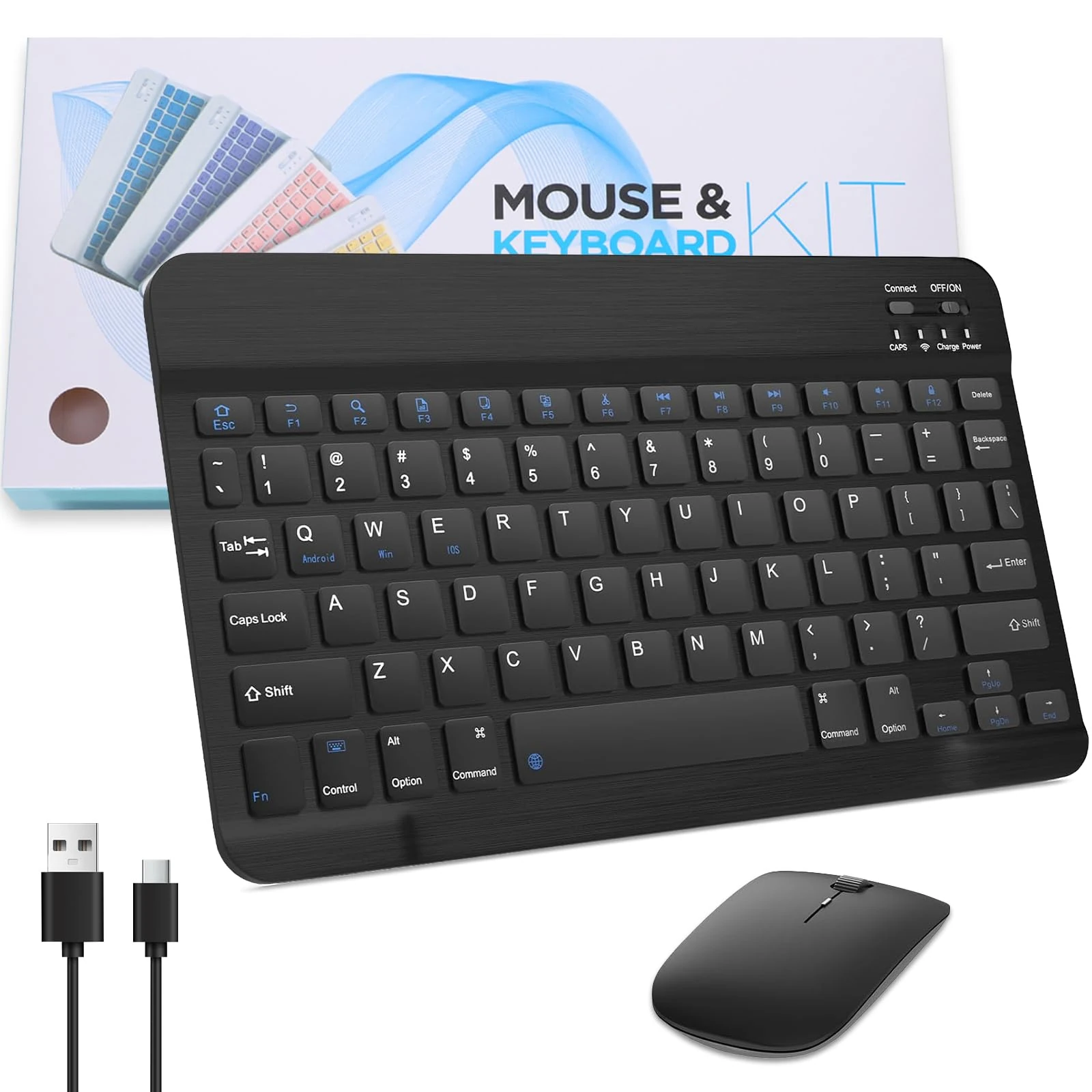 Ultra-Slim Bluetooth Keyboard and Mouse Combo 10 inch Wireless Keyboard and Mouse Set 2.4GHz Portable Rechargeable Bluetooth 3.0 Silent Keyboard for iPad, Mac, Windows, Android Smartphone, Black