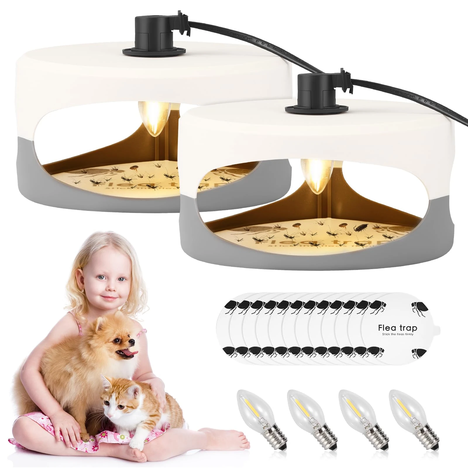 2 PCS Flea Lamp Traps for Home, House Flea Treatment, Fleas Trap Kit with 4 LED Bulbs and 12 Sticky Pads, Non-Toxic Fleas Catcher for Home Carpets Bedding, Pet Safe (Style 3)