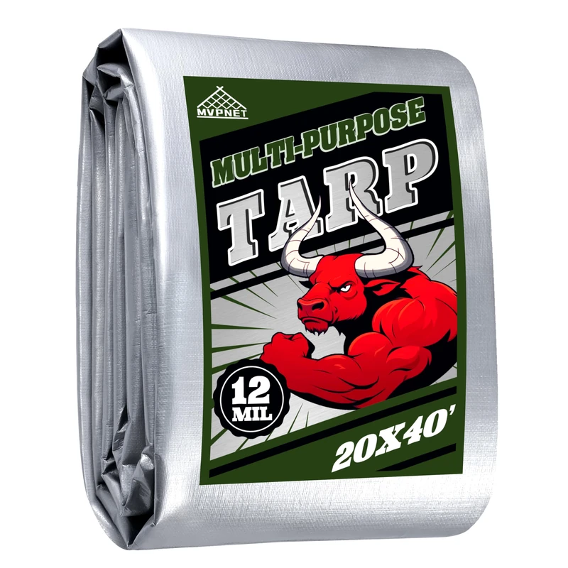 MVPNET Green/Silver Heavy Duty Waterproof Tarp 20x40FT, 12mil Thick，Multifunctional tarp Whit Tear&Fade Resistant,UV Resistant,with Grommets and Reinforced Edges.