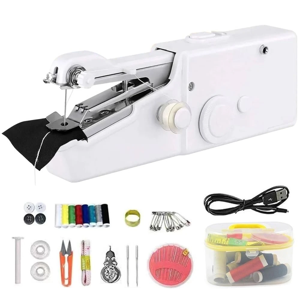 Mini Electric Hand Sewing Machine, Portable Electric Sewing Machine, Hand Sewing Machine with Sewing Accessories, Lightweight & Easy for Beginners, Ideal for Clothes, Curtains, DIY, Travel (White)