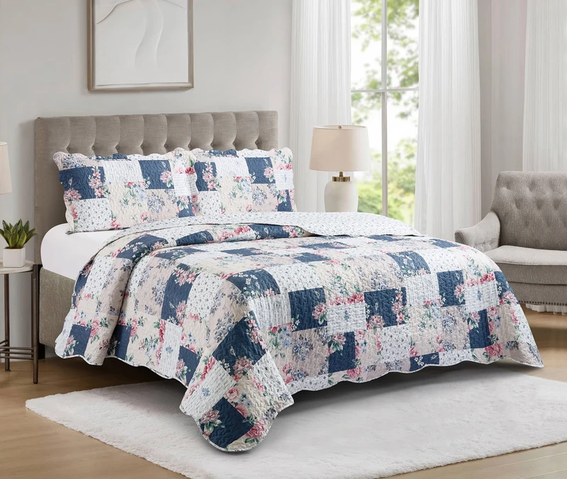 Brilliant Sunshine Vintage Indigo & Pink Roses Toile Quilt, King Size