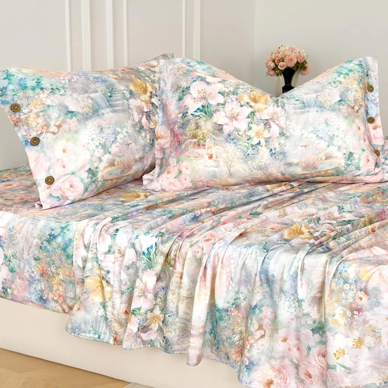 Zusbest Queen Sheet Set 400TC 100% Cotton Flannel-Like Warm Luxury Pink Green Floral Bed Sheets 4Pcs with Deep Pocket 17.5‘’, Botton Pillowcases Double Brushed Extra Soft Breathable, French Country