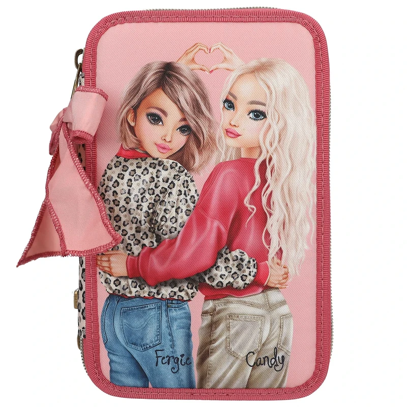 Depesche 13639 TOPModel Leoheart - Filled 3-Compartment Pencil Case in Pink and Red, with Model Motif and Leo Print, Pencil Case with Colouring Pencils, Scissors, Ruler and Much More