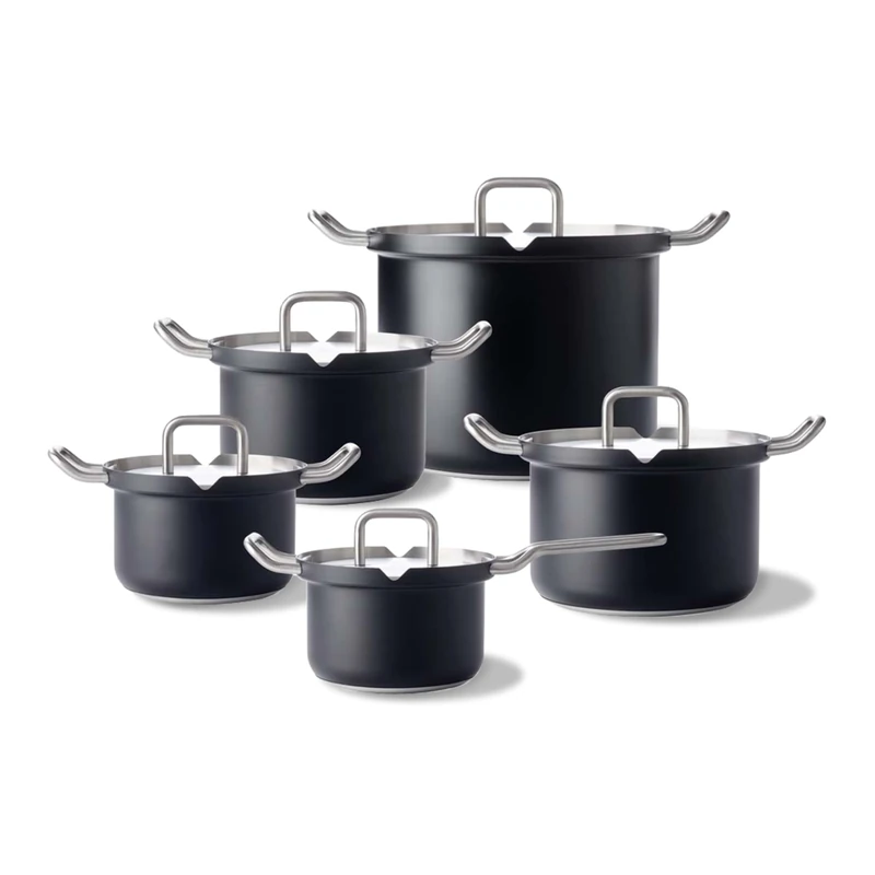 BK Q-Linair Master RVS Black Induction Safe 5-Piece Stainless Steel Cookware Set with Strainer Lid, Oven and Roasting Safe up to 230C, Stay Cool Handles, Dishwasher Safe, PFAS-Free, Black