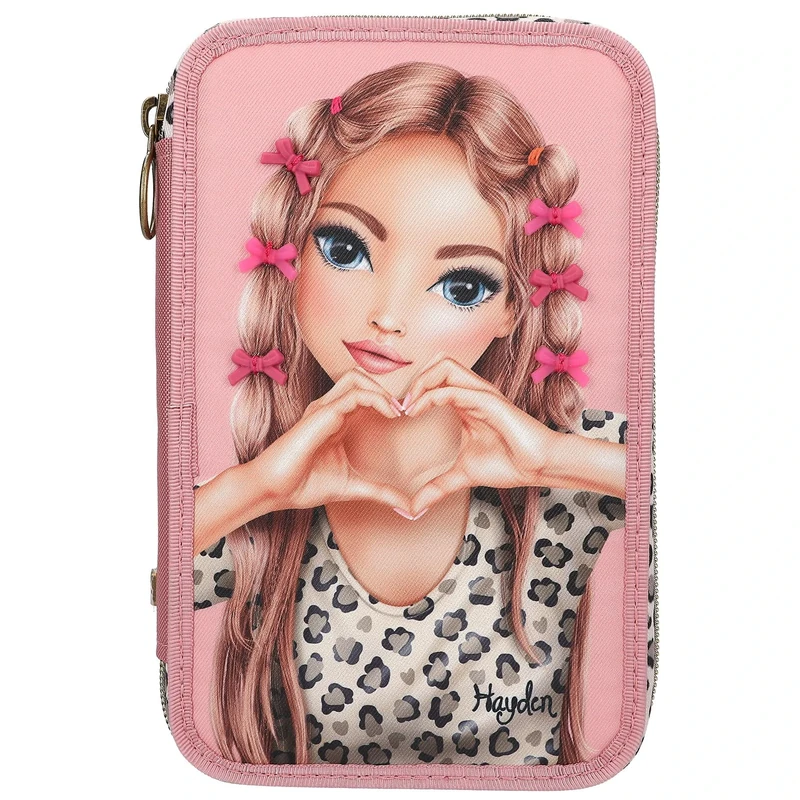 Depesche 13640 TOPModel Leoheart - Filled 3-Compartment Pencil Case in Pink with Model Motif and Bows, Pencil Case with Coloured Pencils, Scissors, Ruler and Much More