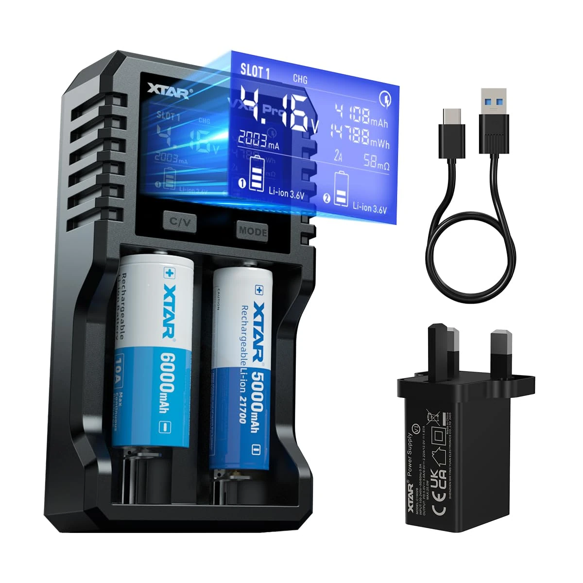 XTAR VX2 Pro Visible Mixer 1.5V/3.6V/3.7V Li-Ion& 3.2V LiFePO4& 1.2V Ni-MH Batteries Charger (VX2 PRO with PD20W UK Adapter)